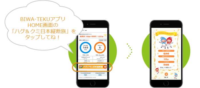 BIWA-TEKUアプリ HOME画面の「ハグ＆クミ日本縦断旅」をタップしてね！